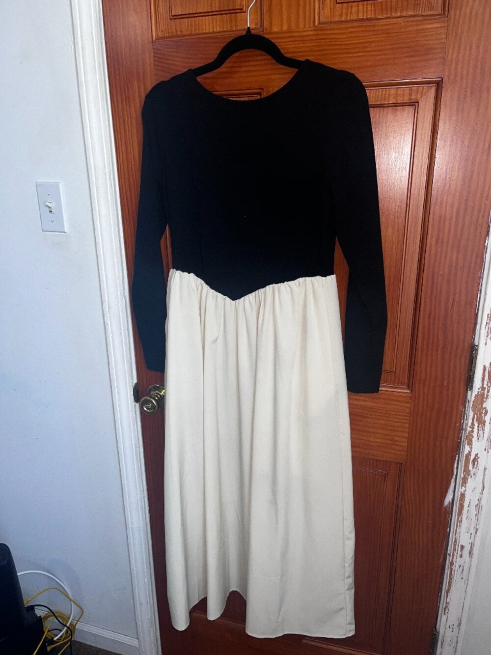Women's Black and Cream Long Sleeve Ballerina Basque Waist Dress